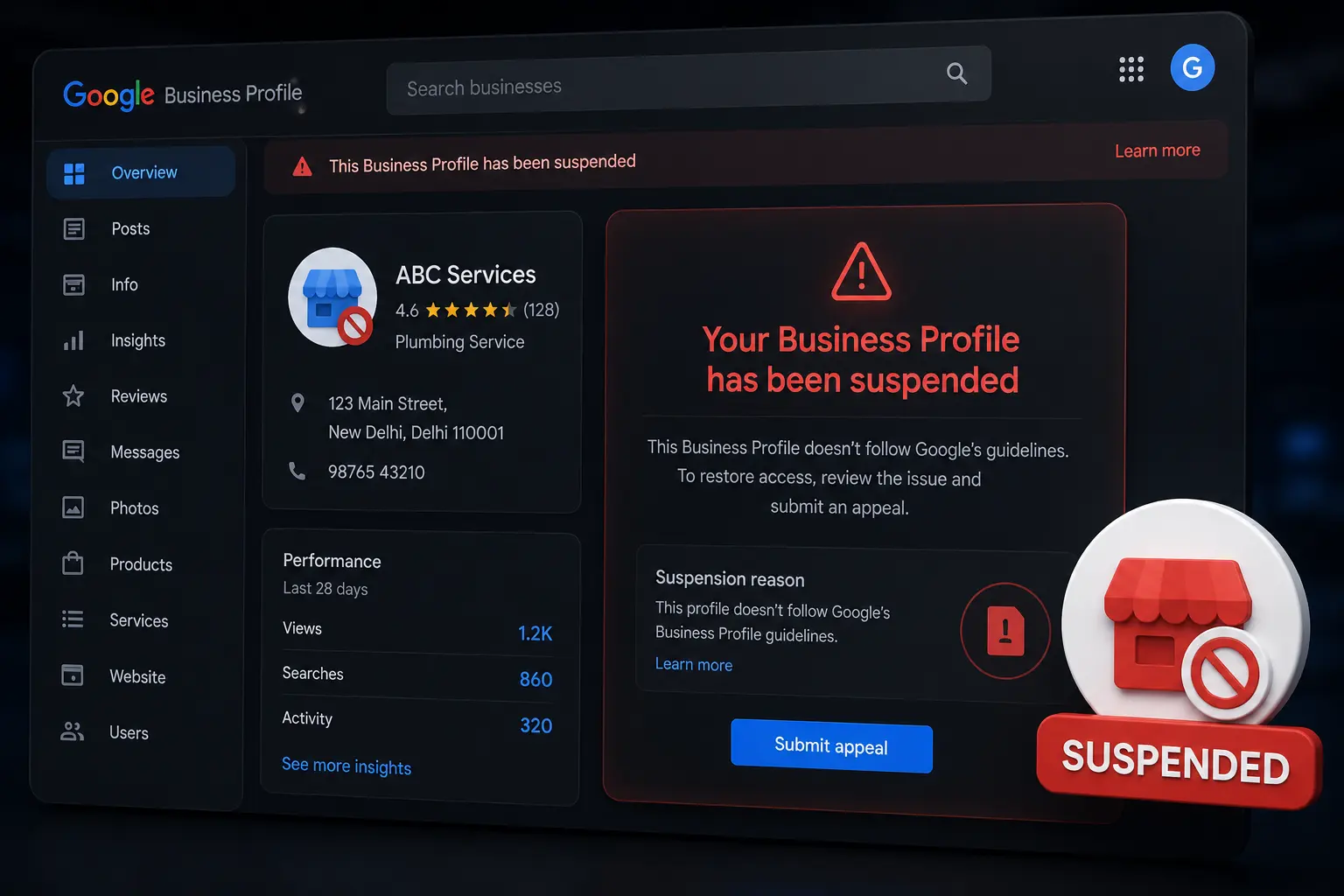 Google Business Profile suspended notification screen showing a suspended GBP listing