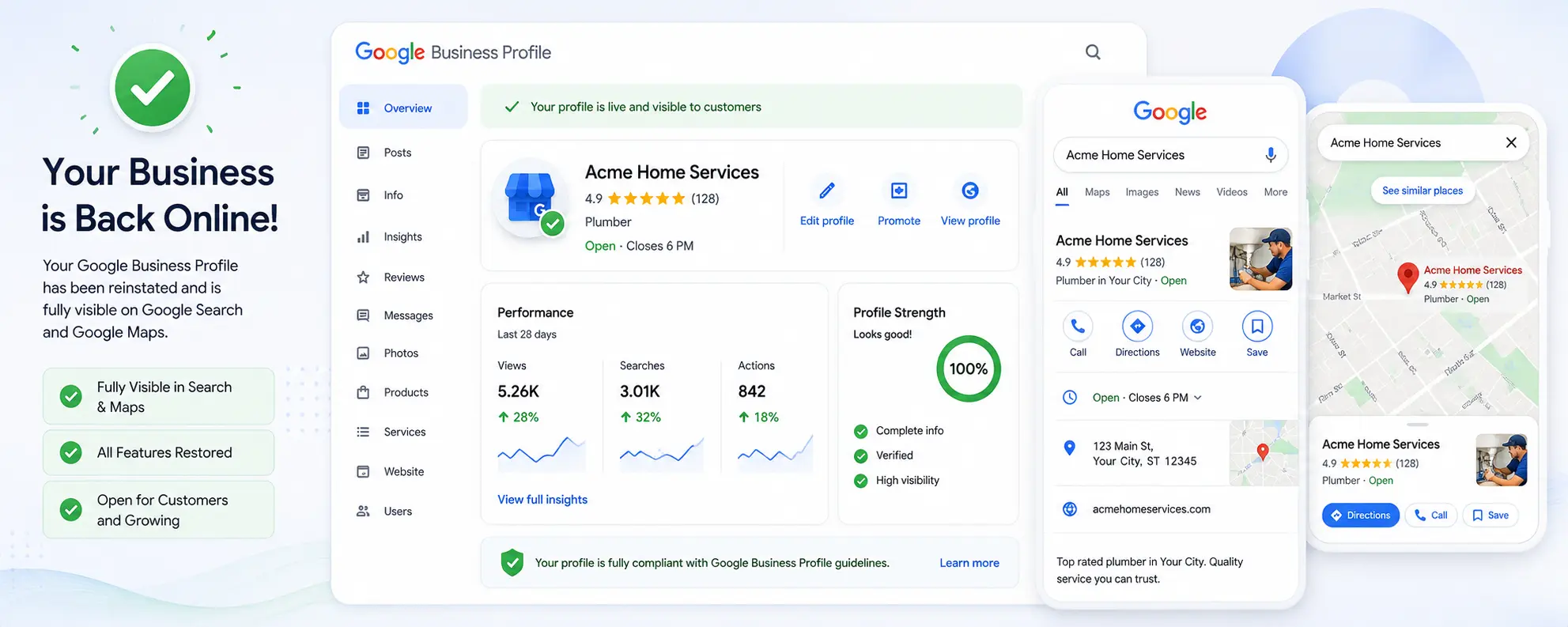 Google Business Profile dashboard showing a reinstated GBP listing with full visibility in Google Search and Google Maps